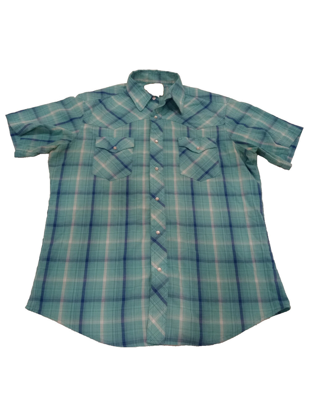Wrangler Western Shirt Mens Large Teal Blue Plaid Pearl Snap Short Sleeve L